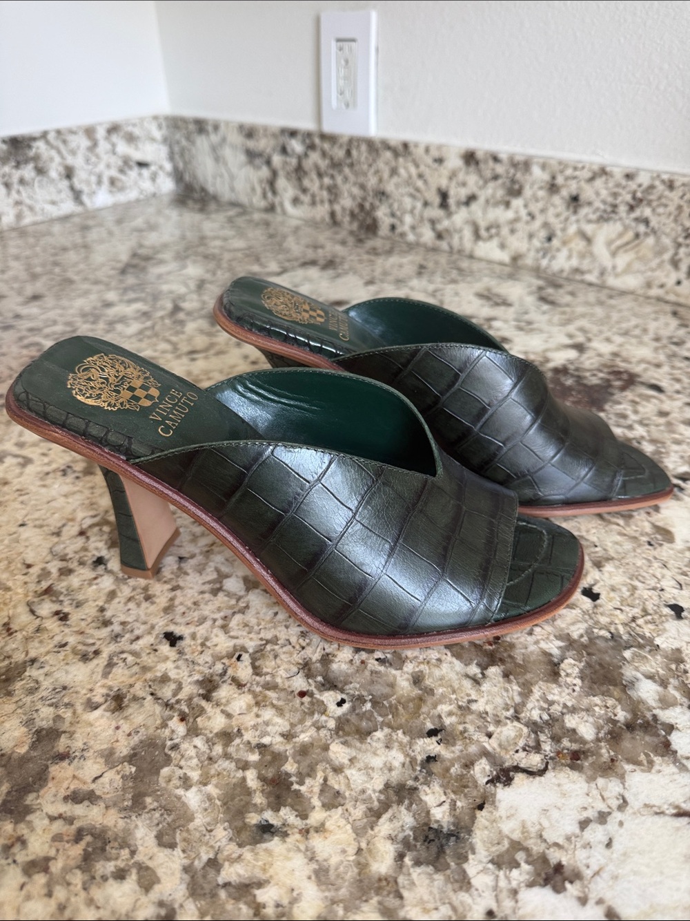 Vince Camuto Dark Green Croc-Embossed Leather Mule Heels - Picture 2 of 7